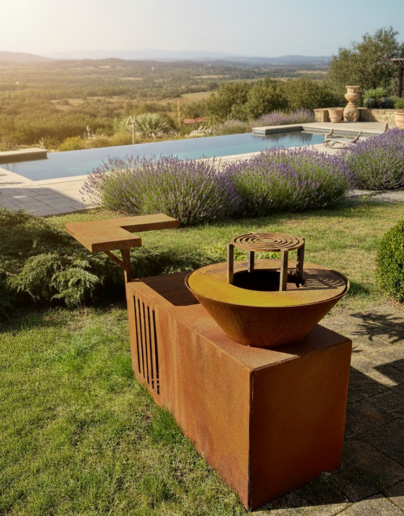 Brasero en acier corten artisanal fabriqué en Aveyron Cuisine extérieure avec brasero corten